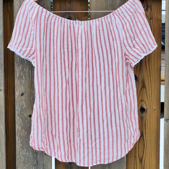 BEAUTIFUL CLEO BLOUSE Women's Size M Pinstripe Pom Pom Sleeve Beach Blanket - Picture 4 of 7